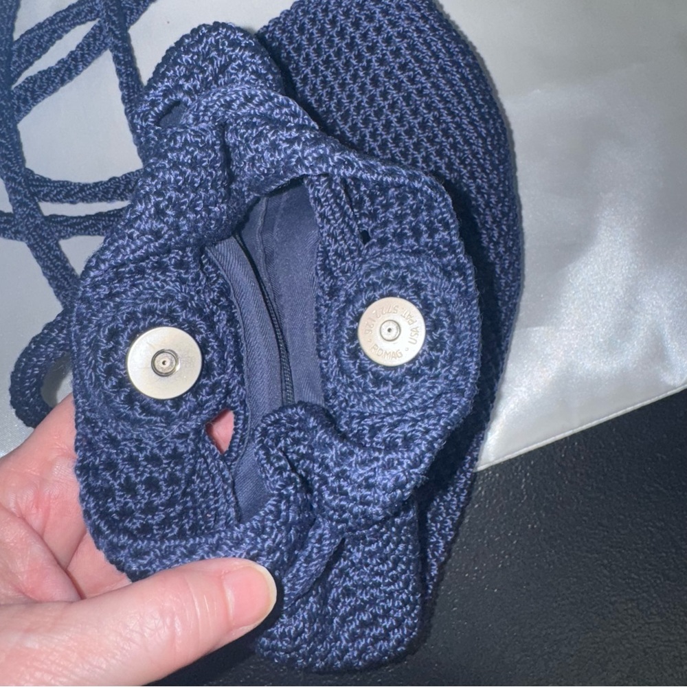 The Sak Knit Pouch or Crocheted Navy Blue Backpack snap closure - Picture 8 of 13